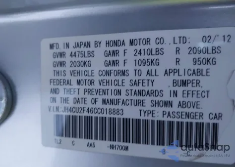 2012 Acura Tsx 2.4 from USA, damaged, VIN JH4CU2F46CC018883